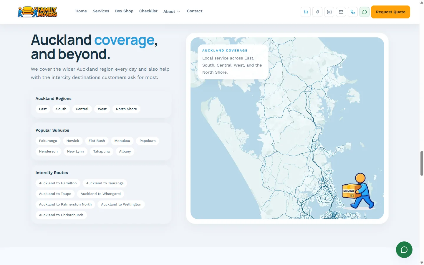Auckland coverage section with regions, suburbs, intercity routes and a map
