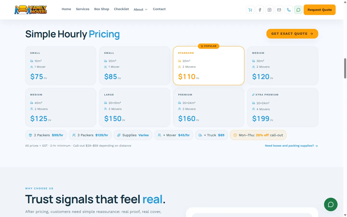 Hourly pricing tiers from small to extra premium, with add-on rates