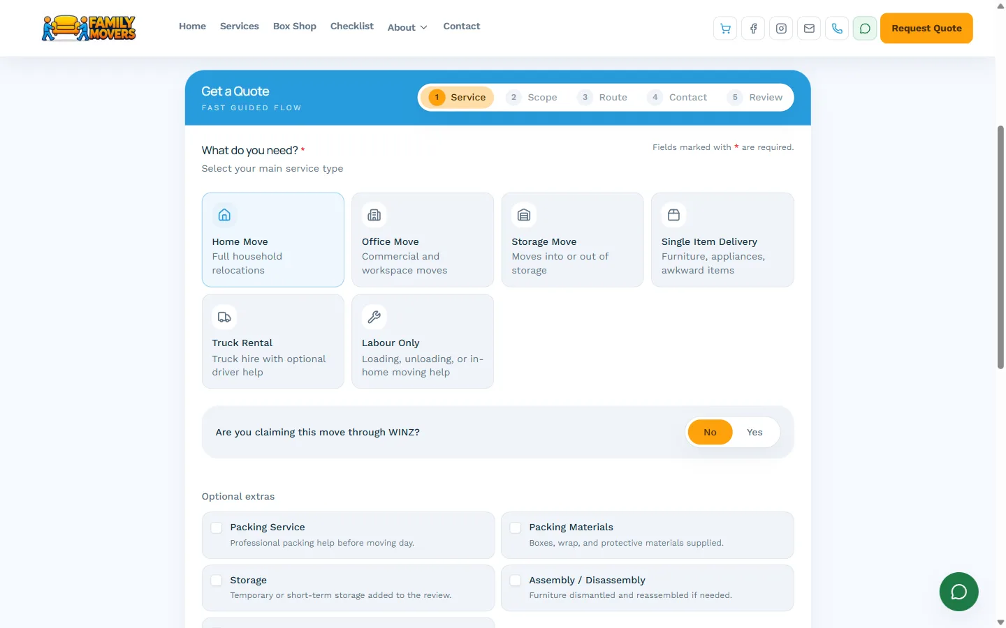 Guided quote flow with service types, WINZ option and optional extras