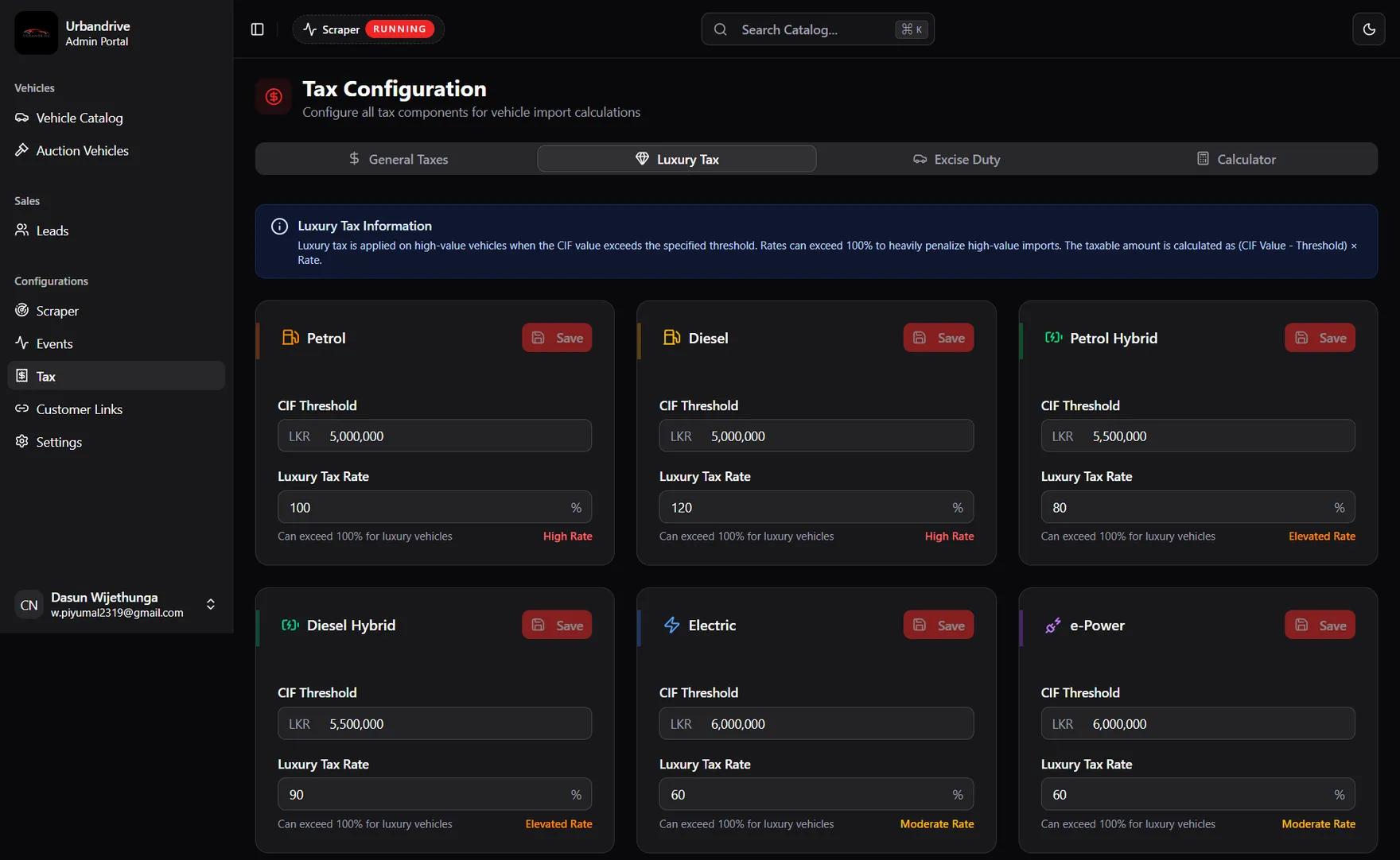 Tax configuration screen with luxury-tax thresholds and rates per powertrain