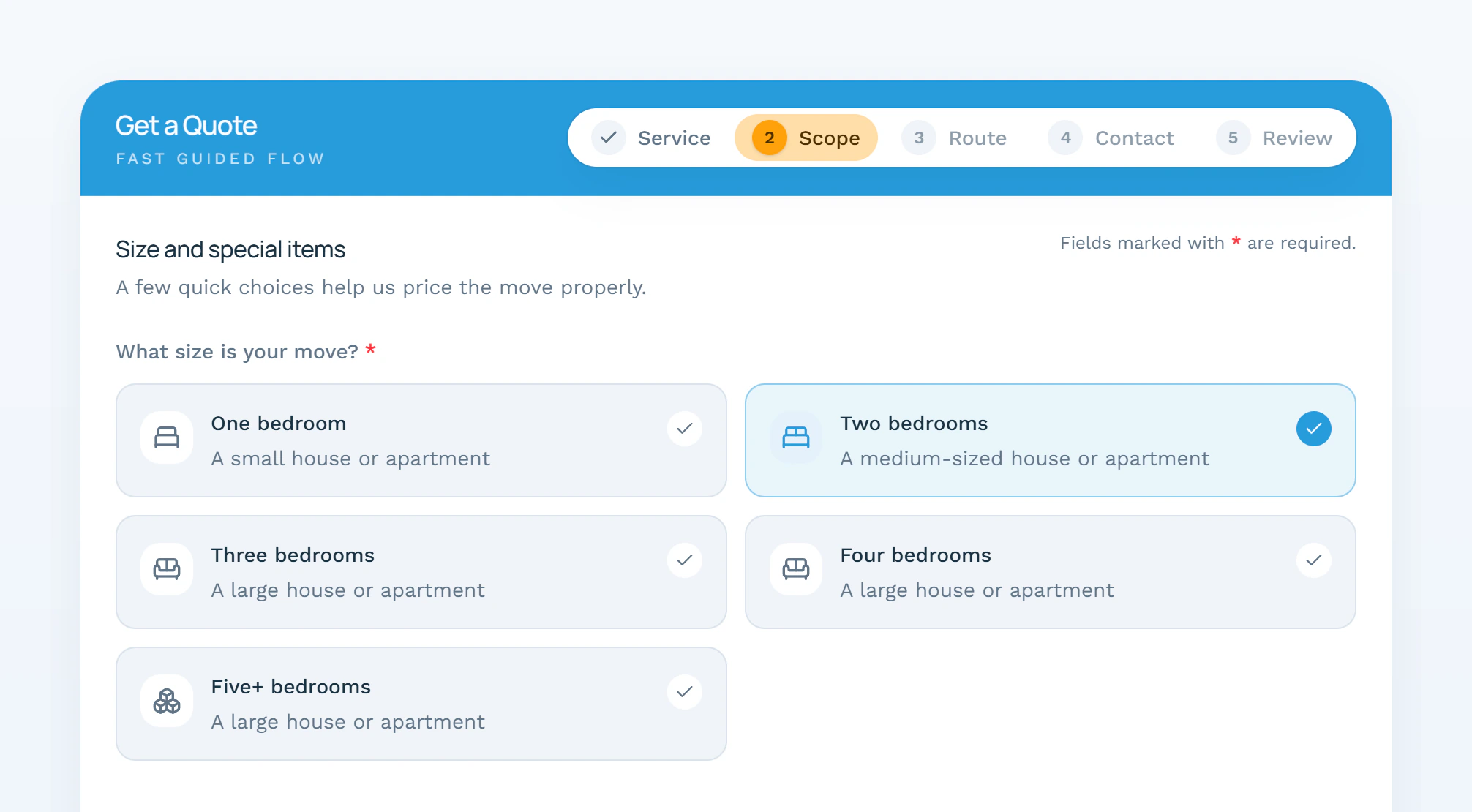 Step two of the Family Movers quote flow, with two bedrooms selected and the five-step progress bar