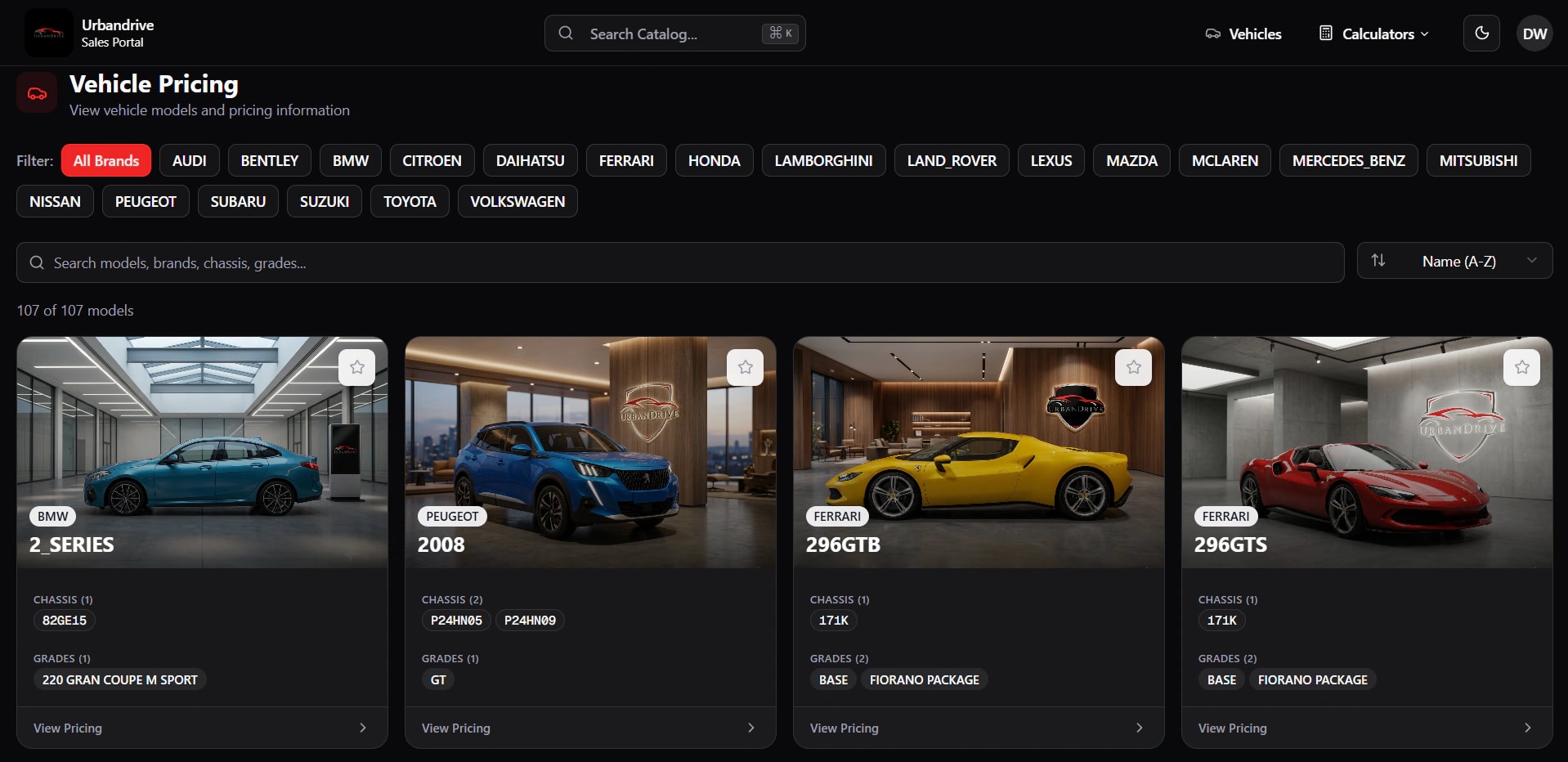UrbanDrive vehicle catalogue with brand filters, search and model pricing cards