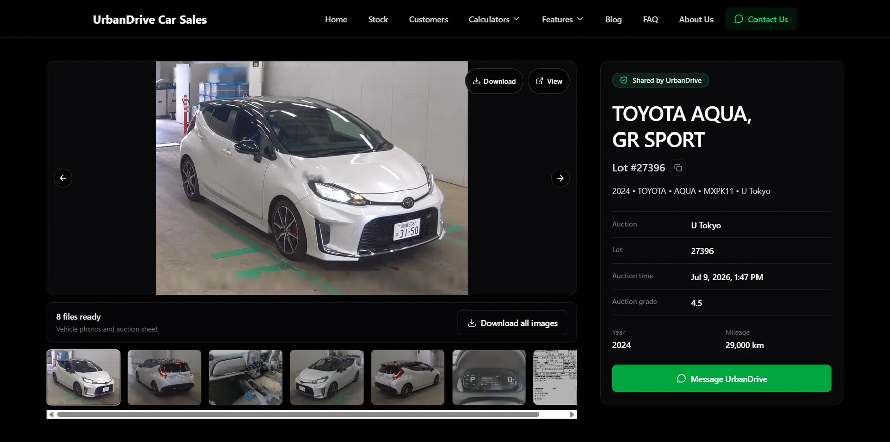 UrbanDrive shareable vehicle listing with auction photos, specifications and WhatsApp enquiry