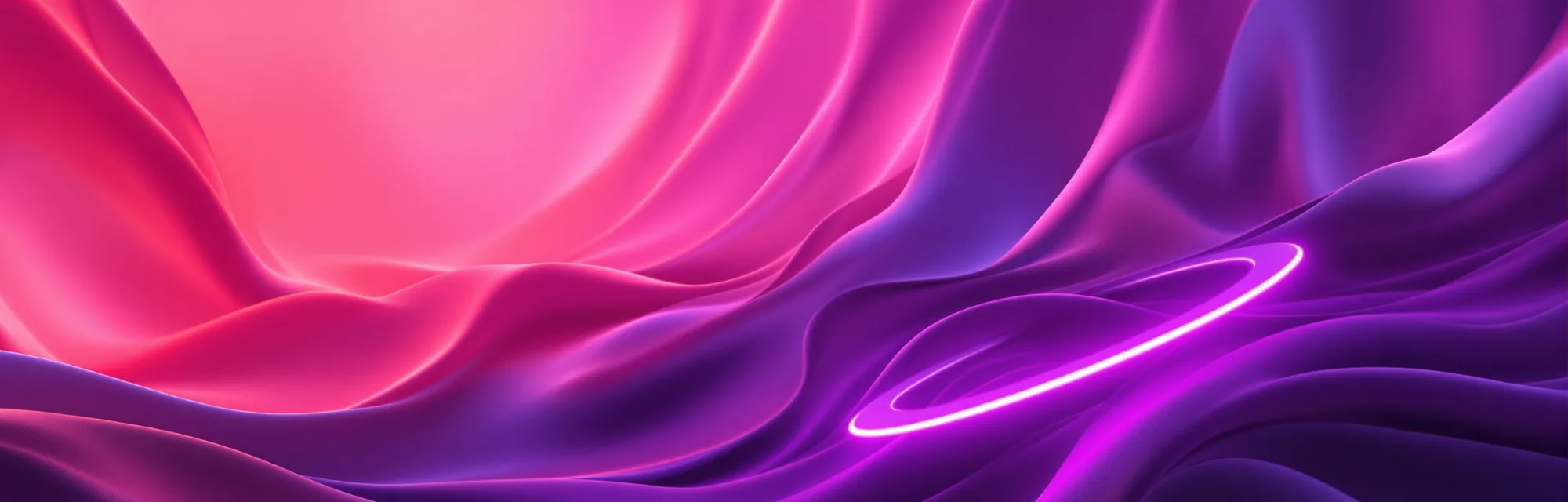 Silky coral-to-purple gradient with floating glass panels and a glowing orbit ring